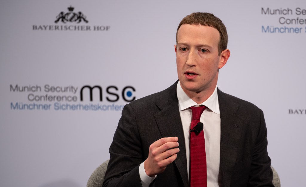 15 February 2020, Bavaria, Munich: Mark Zuckerberg, Chairman of Facebook, speaks at the 56th Munich Security Conference. Photo: Sven Hoppe/dpa (Photo by Sven Hoppe/picture alliance via Getty Images)