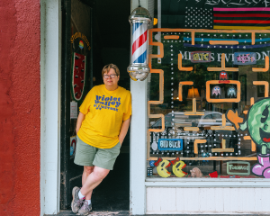 Jaime Harker at Violet Valley Bookstore, a queer haven in Water Valley, Mississippi