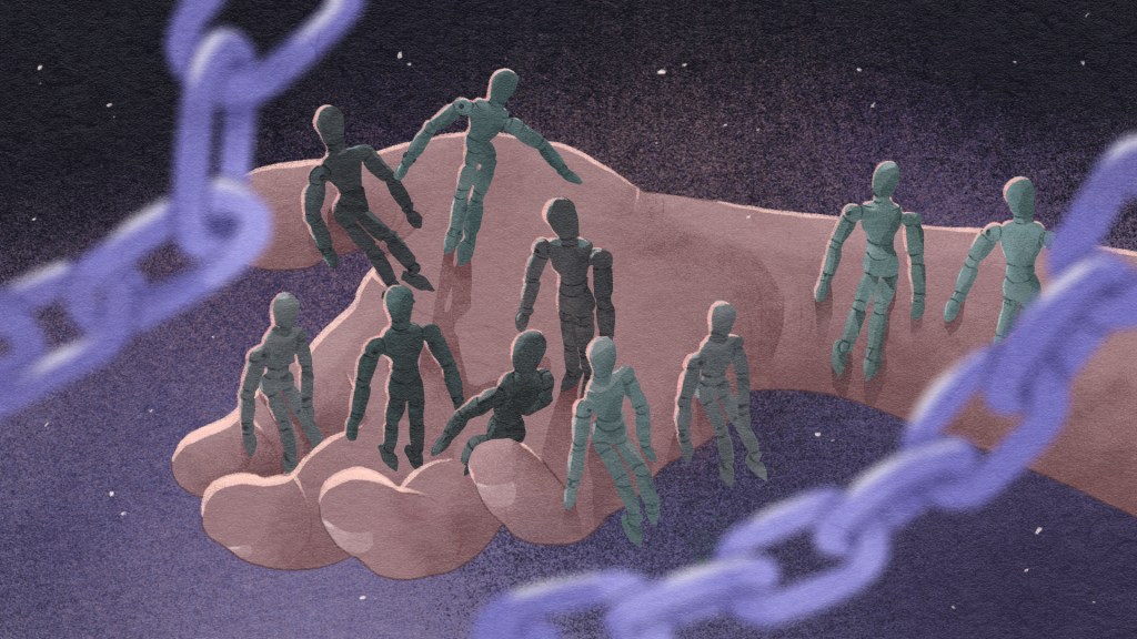 Illustration that symbolizes human trafficking. Hand with human figures around and walking out of it. Chains in the foreground,