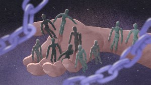 Illustration that symbolizes human trafficking. Hand with human figures around and walking out of it. Chains in the foreground,