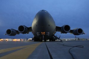 A Canadian military transport plane sits on the tarmac at CFB Trenton.