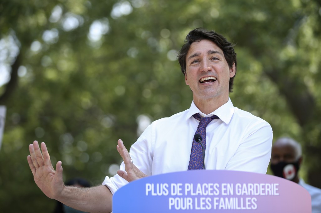 Justin Trudeau, Canada's prime minister, speaks during a news conference on child care in Montreal, Quebec, Canada, on Thursday, Aug. 5, 2021.