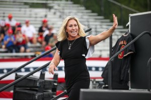 U.S Representative Marjorie Taylor Greene attends the 'Save America' rally at the Lorain County Fair Grounds in Wellington, Ohio, United States on June 26, 2021. (Tayfun Coskun/Anadolu Agency via Getty Images)​