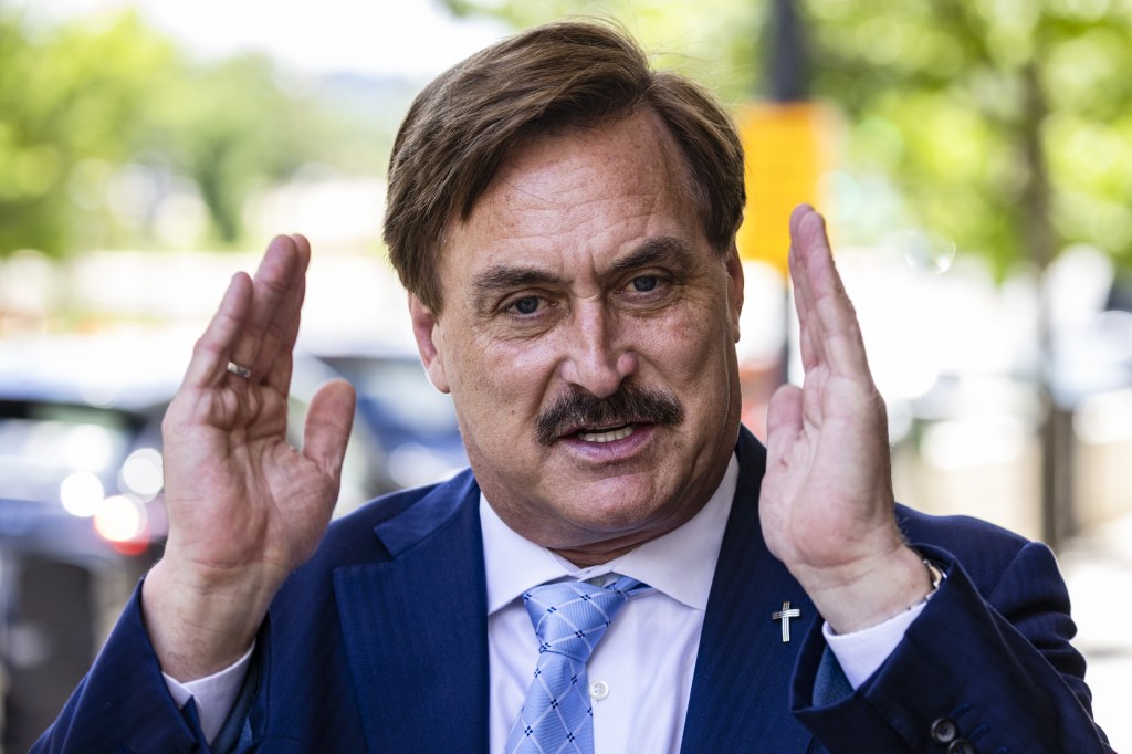 Mike Lindell, chief executive officer of My Pillow Inc., speaks to members of the media while arriving to federal court in Washington, D.C., U.S., on Thursday, June 24, 2021.(Samuel Corum/Bloomberg via Getty Images)