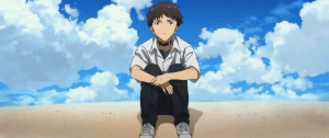 Shinji Ikari, sitting on a beach.