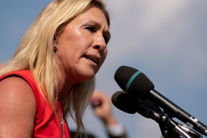 Representative Marjorie Taylor Greene, a Republican from Georgia, speaks during a news conference outside the U.S. Capitol in Washington, D.C., U.S., on Monday, Aug. 23, 2021. (Stefani Reynolds/Bloomberg via Getty Images)​