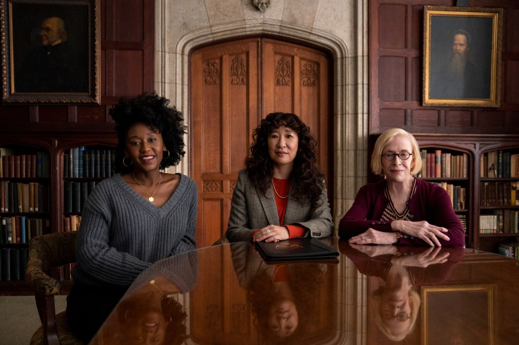 THE CHAIR (L to R) NANA MENSAH as YAZ, SANDRA OH as JI-YOON, and HOLLAND TAYLOR as JOAN in episode 106 of THE CHAIR.