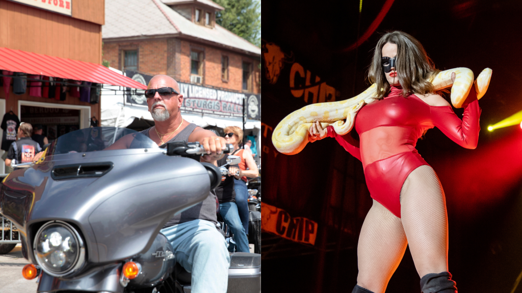 Left: Motorcycles fill the streets of Sturgis, S.D on Friday, Aug. 6, 2021. (AP Photo/Stephen Groves) Right: The Flaunt Girls perform on the Wolfman Jack Stage at Buffalo Chip during the 80th annual Sturgis Motorcycle Rally on Saturday, Aug. 15, 2020, in