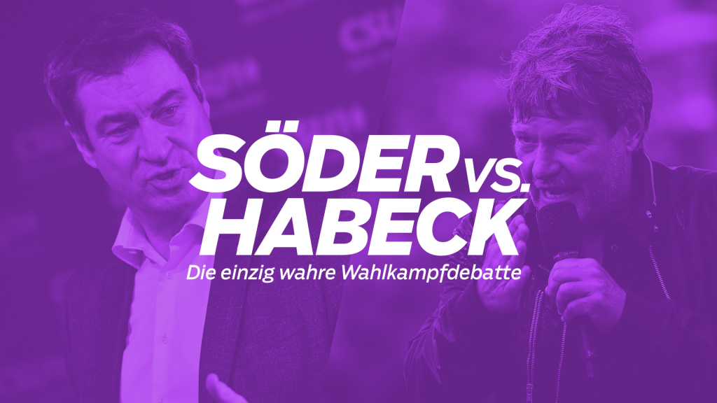 Markus Söder und Robert Habeck vor lila Hintergrund. Die beiden PArteivorsitzenden debattieren am Samstag, den 28. August 2021