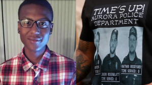 ​Left: Elijah McClain Right: In this July 3, 2020, file photo, Terrance Roberts, front, wears a shirt bearing photographs of Aurora, Colo., police Department officers involved in the stop of 23-year-old Elijah McClain. ​(AP Photo/David Zalubowski, File)