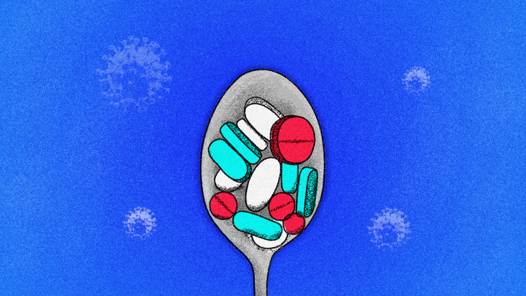 An illustration of a spoon filled with psychiatric pills for hyp