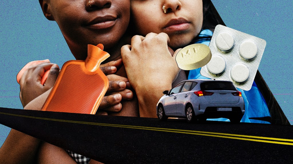 Collage featuring two young people hugging along with abortion pills and other abortion care tools