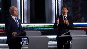 Liberal leader Justin Trudeau gestures to Conservative leader Erin O'Toole as he speaks during the federal election French-language leaders debate, Wednesday, September 8, 2021 in Gatineau, Que.