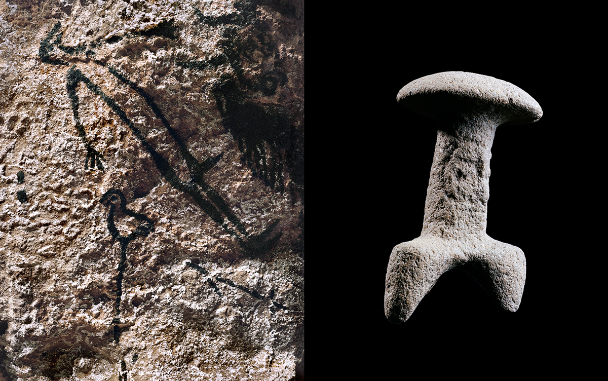 Mathias de Lattre, France, magic mushrooms - composite image: on the left is a cave painting, on the right a mushroom carved out of stone.