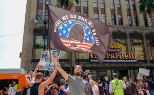 Conspiracy theorist QAnon demonstrators protest child trafficking on Hollywood Boulevard in Los Angeles, California, August 22, 2020. (Photo by Kyle Grillot / AFP) (Photo by KYLE GRILLOT/AFP via Getty Images)​