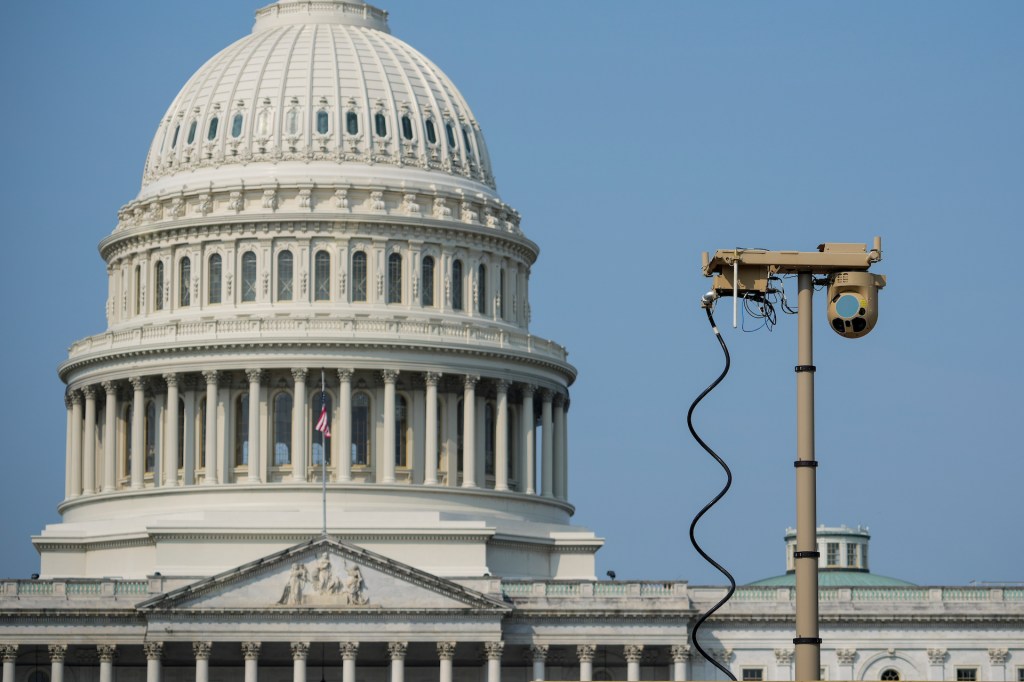 A recently installed surveillance camera stands on the East Front of the U.S. Capitol on September 13, 2021 in Washington, DC.