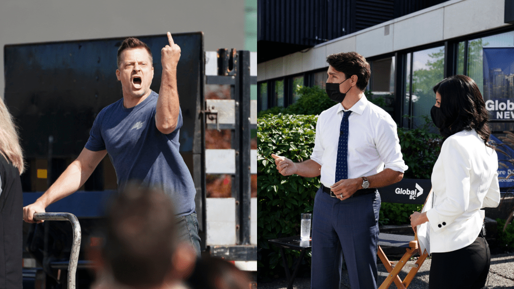 Liberal leader Justin Trudeau faced off with a heckler just prior to an interview with Global reporter Neetu Garcha in Burnaby, B.C., on Monday, Sept. 13, 2021. ​