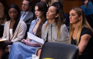 US Olympic gymnasts (L-R) Simone Biles, McKayla Maroney, Aly Raisman and Maggie Nichols testify during a Senate Judiciary hearing about the Inspector General's report on the FBI handling of the Larry Nassar investigation of sexual abuse of Olympic gymnast