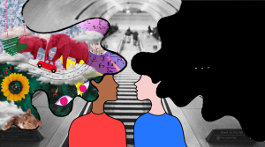 Anke Dirix, aphantasia, science - two blank faced figures (one wearing red, the other blue) stand in front of an escalator, each has a thought bubble attached to them (bubble on the right contains two pink elephants and a small red car, bubble on right is