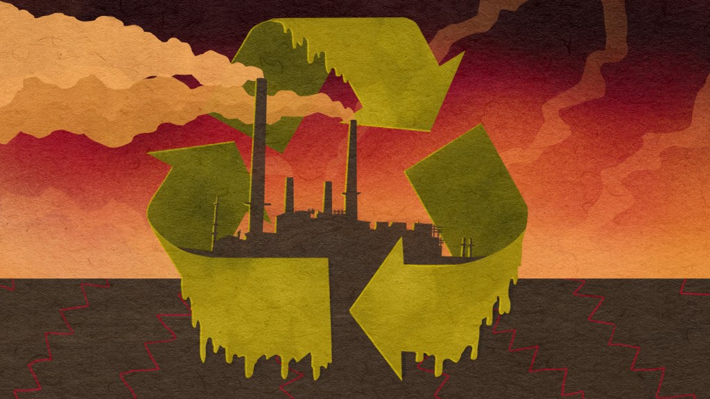 Greenwashing depicted as a melting recycling symbol over a smoggy factory in the background. Greenwashing includes terms like carbon neutral, offsets, and net zero.