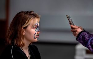 An activist in Russia wears anti-facial recognition makeup