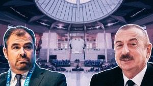 Collage mit CSU Politiker Florian Hahn und Aserbaidschans Präsident Ilham Aliyev vor dem Bundestag, der CSU-Politiker antwortet nicht auf unseren Fragenkatalog