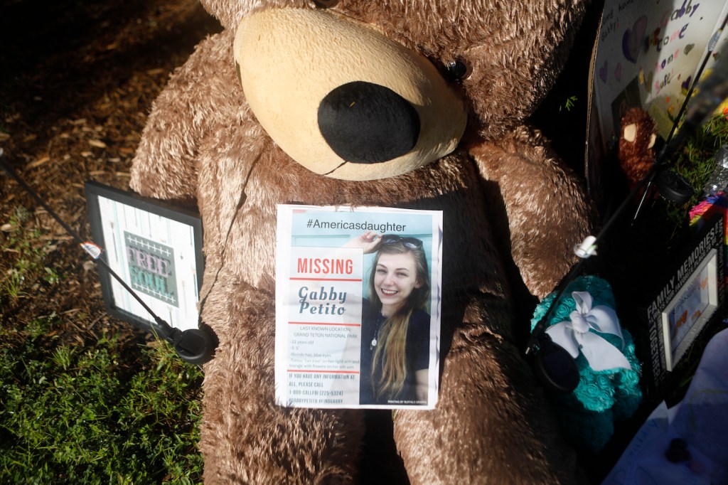 A makeshift memorial dedicated to missing woman Gabby Petito is located near the North Port City Hall on September 20, 2021 in North Port, Florida.