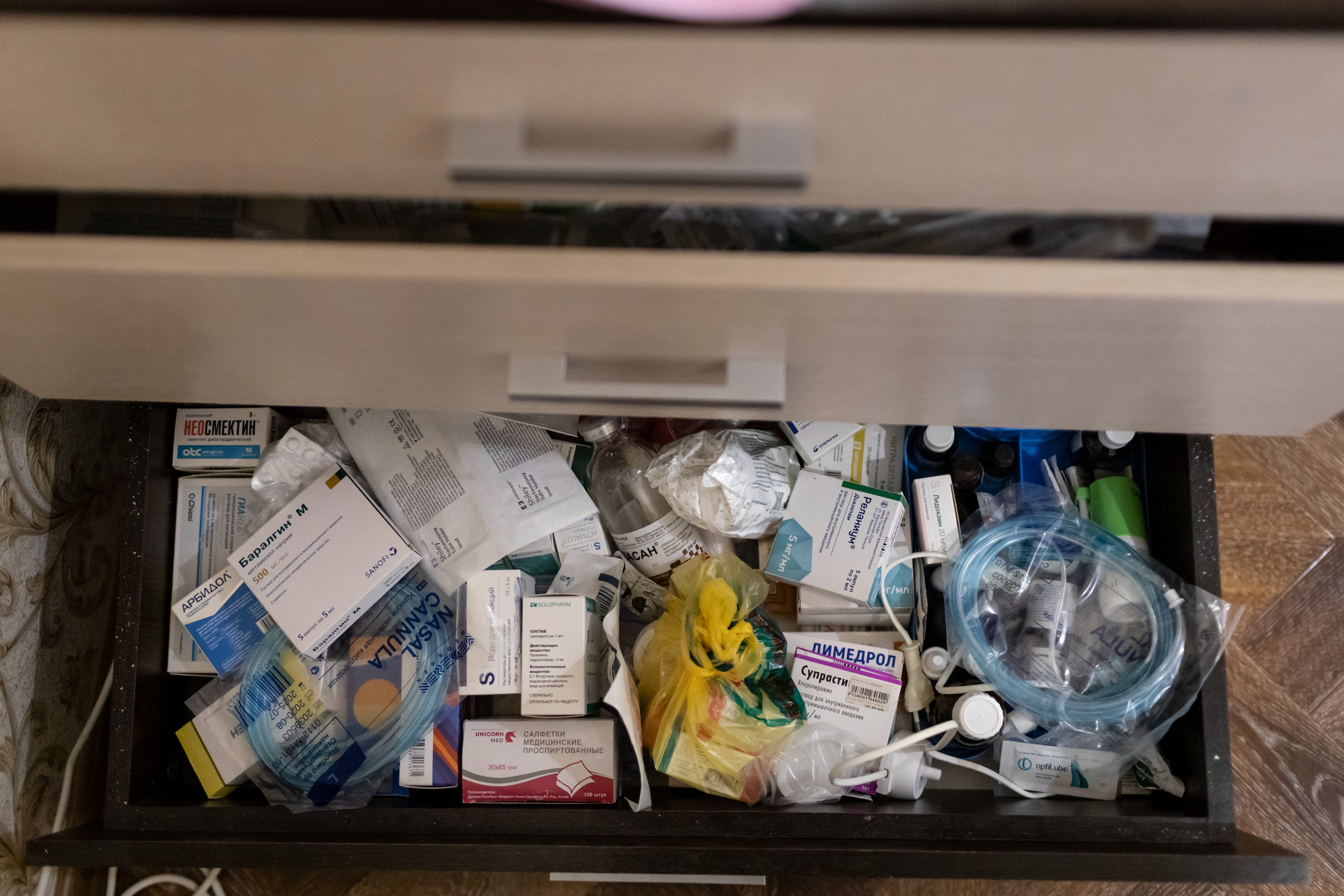 A drawer full of medicine is seen at home of Anastasia Goritko.