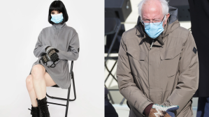 ​Left: Screenshot via Dolls Kill Right: In this Jan. 20, 2021 file photo, Sen. Bernie Sanders, I-Vt., wears mittens as he attends President Joe Biden's inauguration ceremony at the U.S. Capitol in Washington. (Jonathan Ernst/Pool Photo via AP)