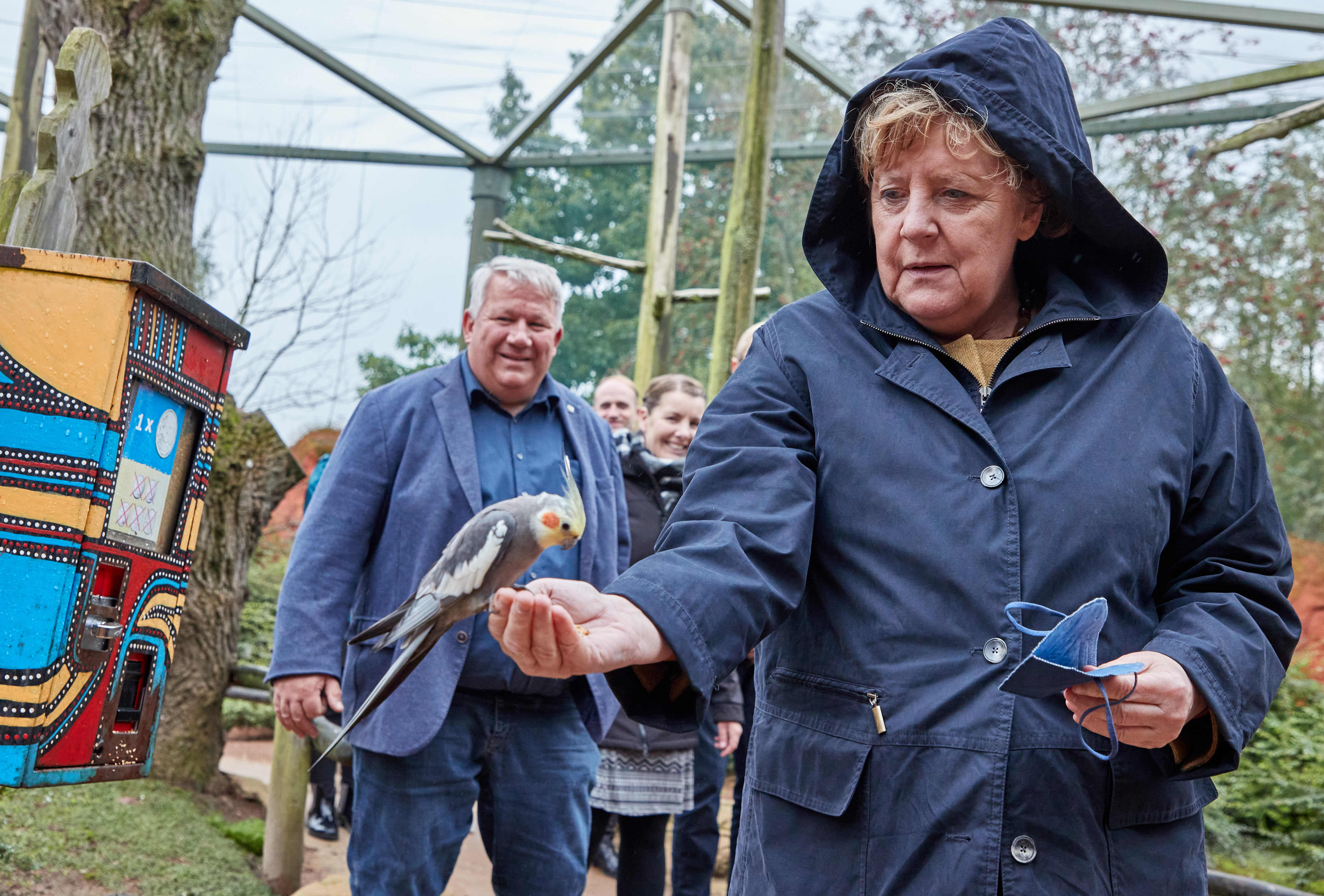 Angela Merkel füttert einen exotischen Vogel mit der Hand