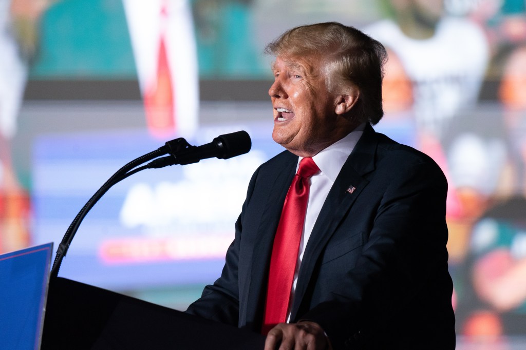 Former US President Donald Trump speaks at a rally on September 25, 2021 in Perry, Georgia.