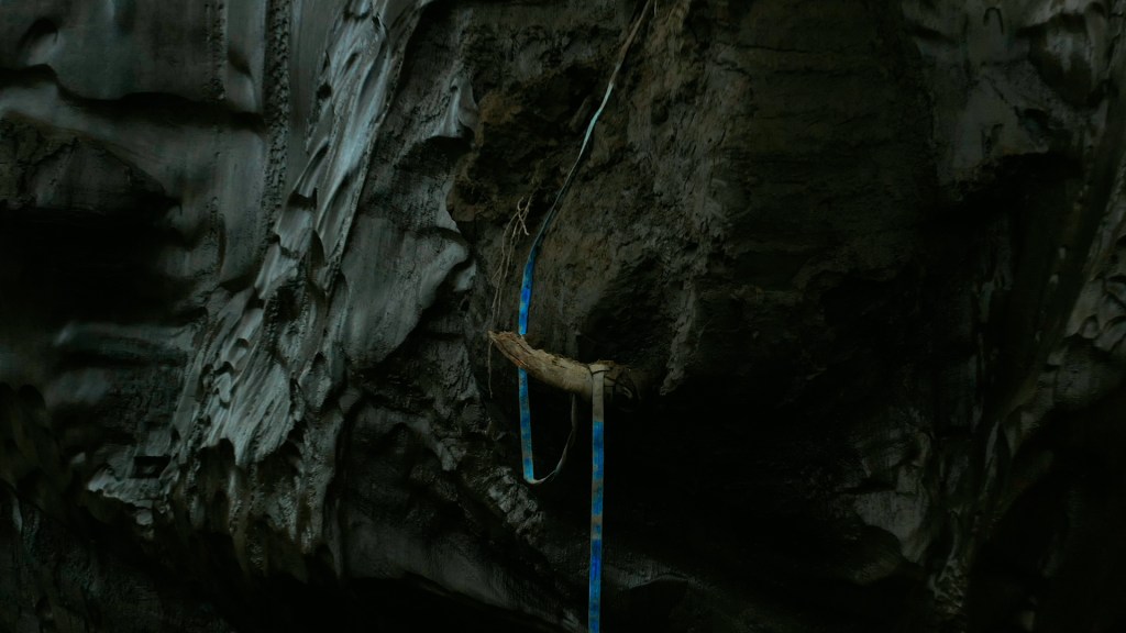 Gading mamut mencuat dari dinding gua buatan