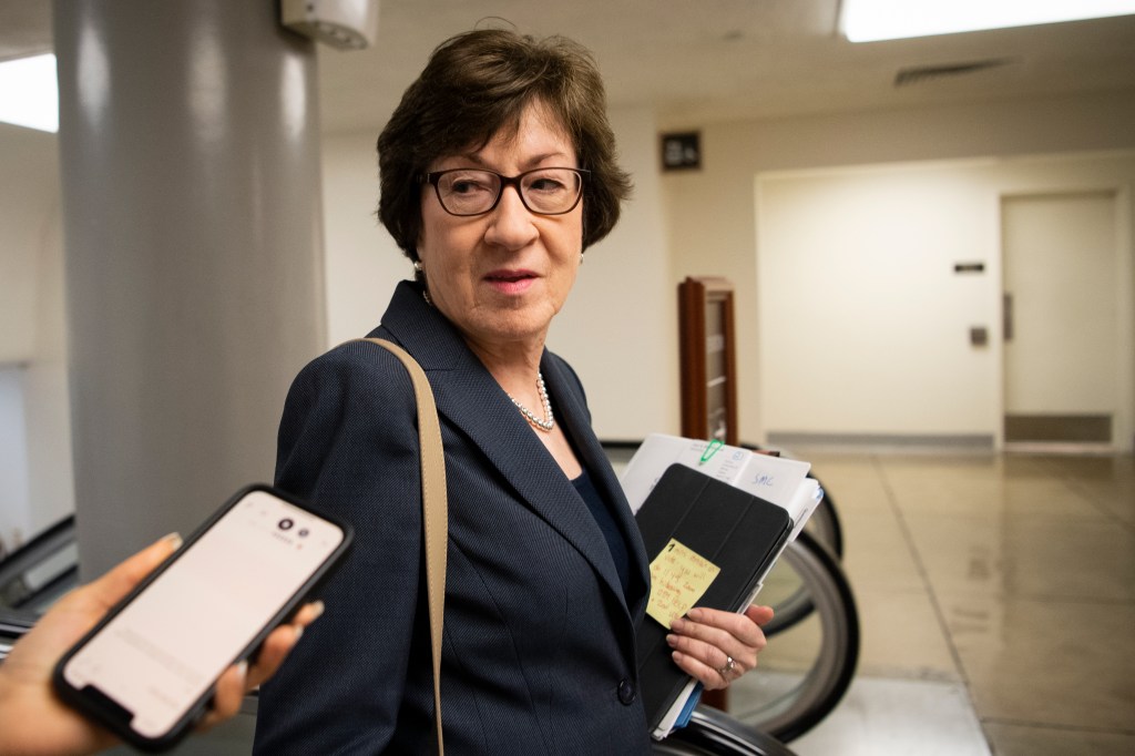 UNITED STATES - June 16: Sen. Susan Collins, R-Maine, talks with reporters as she makes her way to the Senate floor for a vote in Washington on Wednesday, June 16, 2021. (Photo by Caroline Brehman/CQ-Roll Call, Inc via Getty Images)