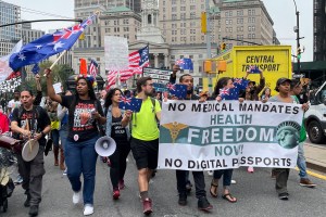 Hundreds march to protest vaccination mandates in New York City, United States on October 4, 2021.