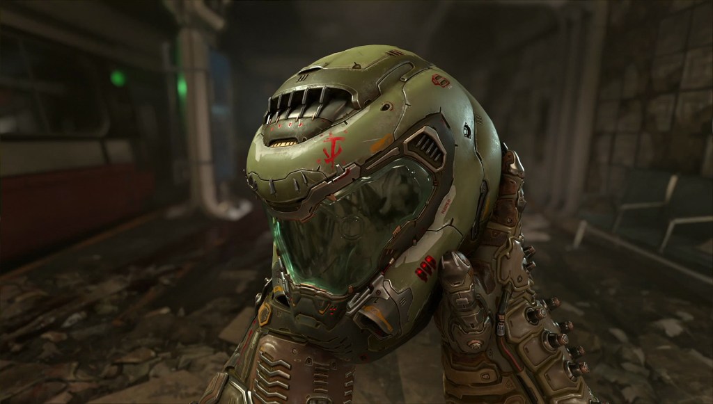 A screenshot from Doom Eternal showing Doom guy's helmet.