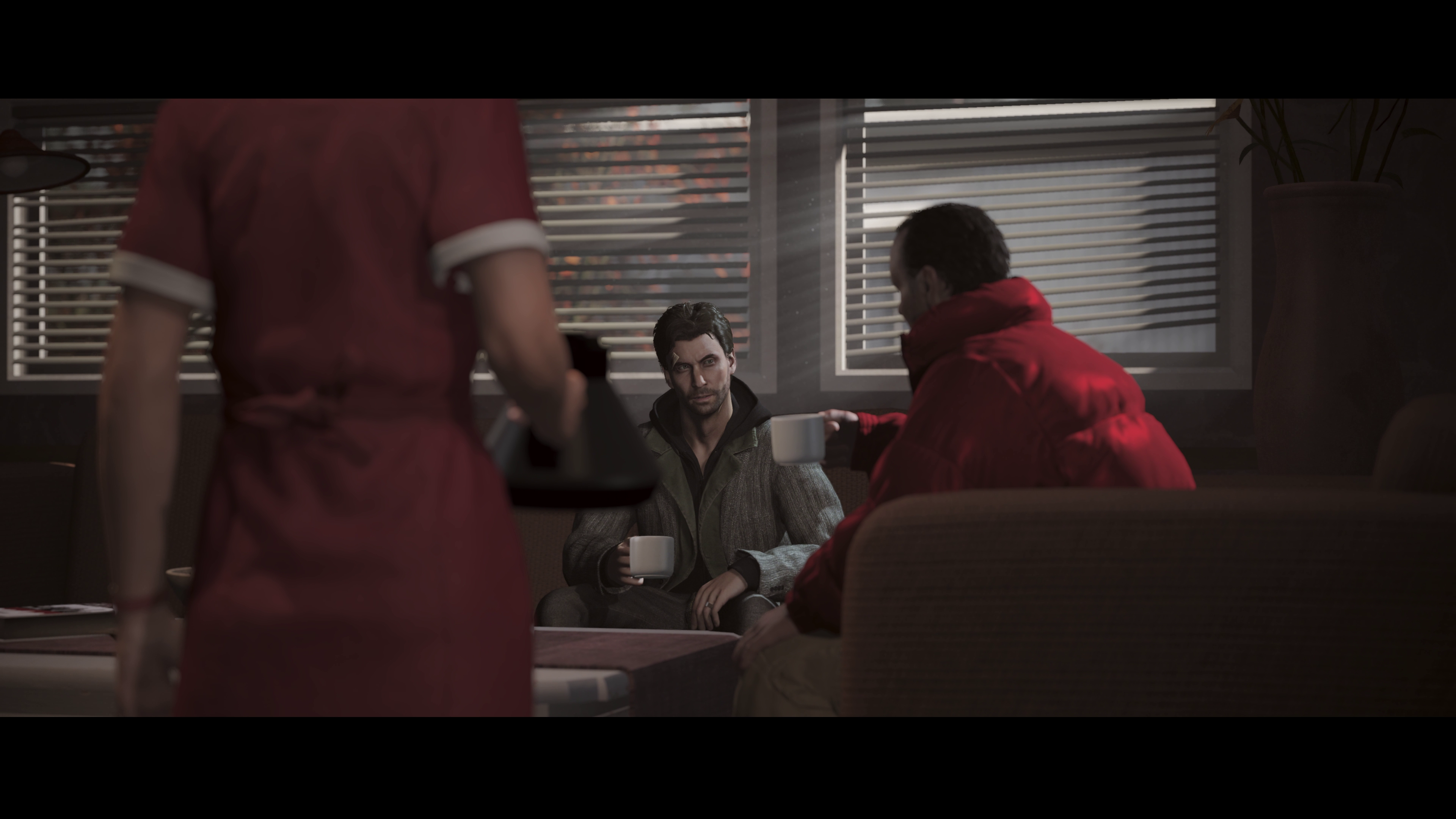 Alan Wake drinking coffee.