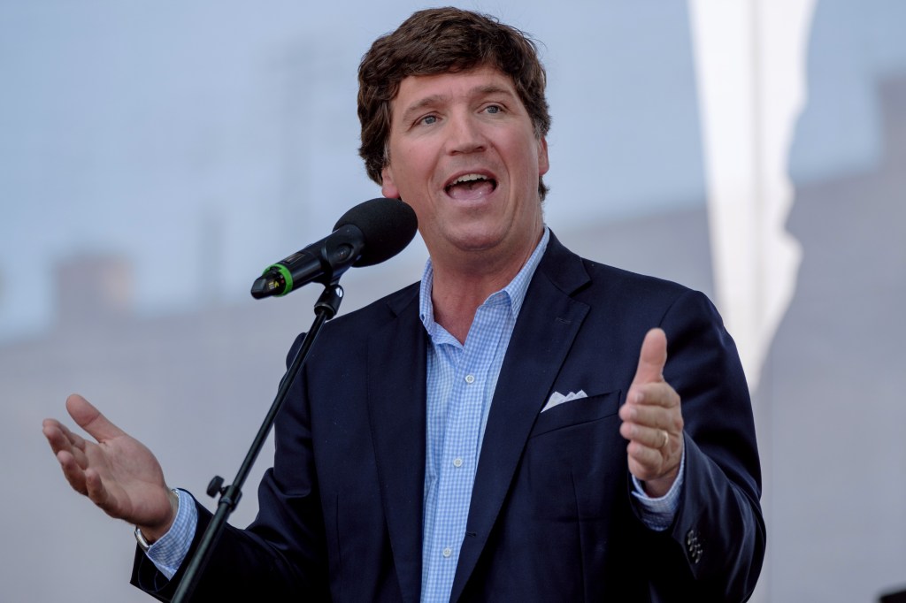 Tucker Carlson speaks during the Mathias Corvinus Collegium (MCC) Feszt on August 7, 2021 in Esztergom, Hungary. (Janos Kummer/Getty Images)​