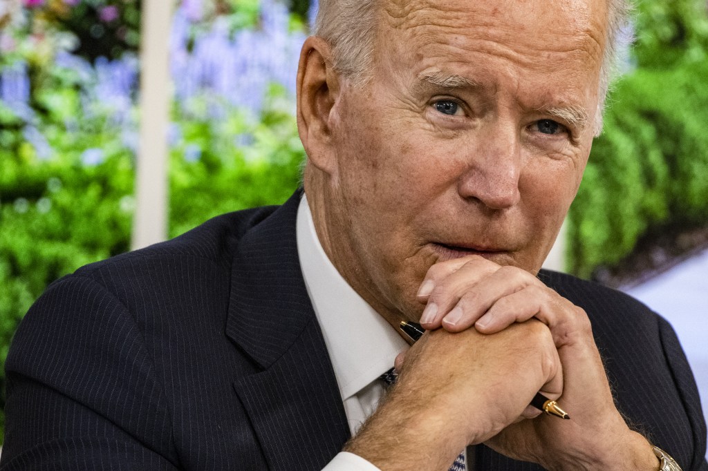 U.S. President Joe Biden speaks during a meeting in the Eisenhower Executive Office Building in Washington, D.C., U.S., on Wednesday, Oct. 6, 2021.