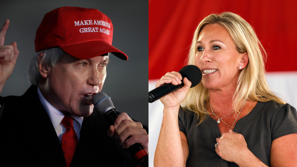 Attorney Lin Wood (L), once a member of President Donald Trump's legal team, speaks at a rally on Dec. 2, 2020, in Alpharetta, Ga. Rep. Marjorie Taylor Greene (R) speaks at a rally in Rome, Ga. on Aug. 7, 2021.