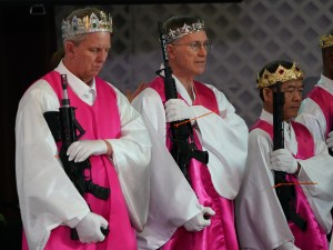 Worshippers at World Peace and Unification Sanctuary hold weapons during their service February 28, 2018 in New Foundland, Pennsylvania.