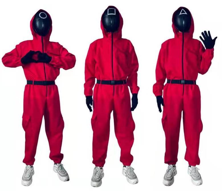 In Netflix series Squid Game, workers wear red tracksuits and masks printed with a circle, triangle, or square