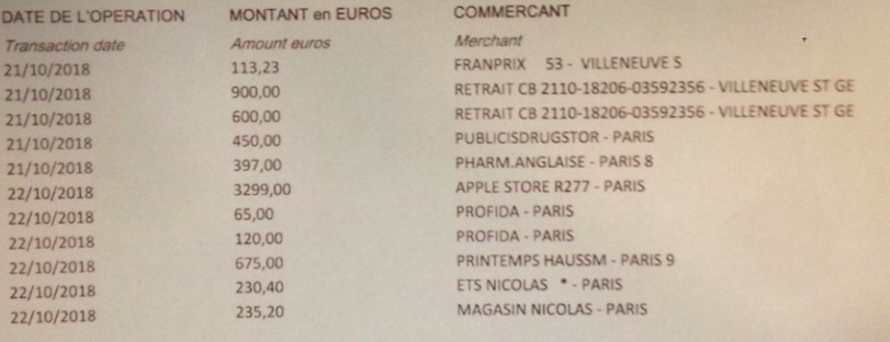 Extrait des nombreux achats sur le relevé bancaire d'Antoine