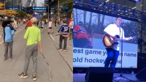 Fans heading to the Toronto Maple Leafs season opener last night walked past a rather odd sight: a disgraced former cosmetic surgeon who swore to never practice medicine again leading a group of anti-vaxxers in a rousing rendition of  Stompin Tom’s “Hocke