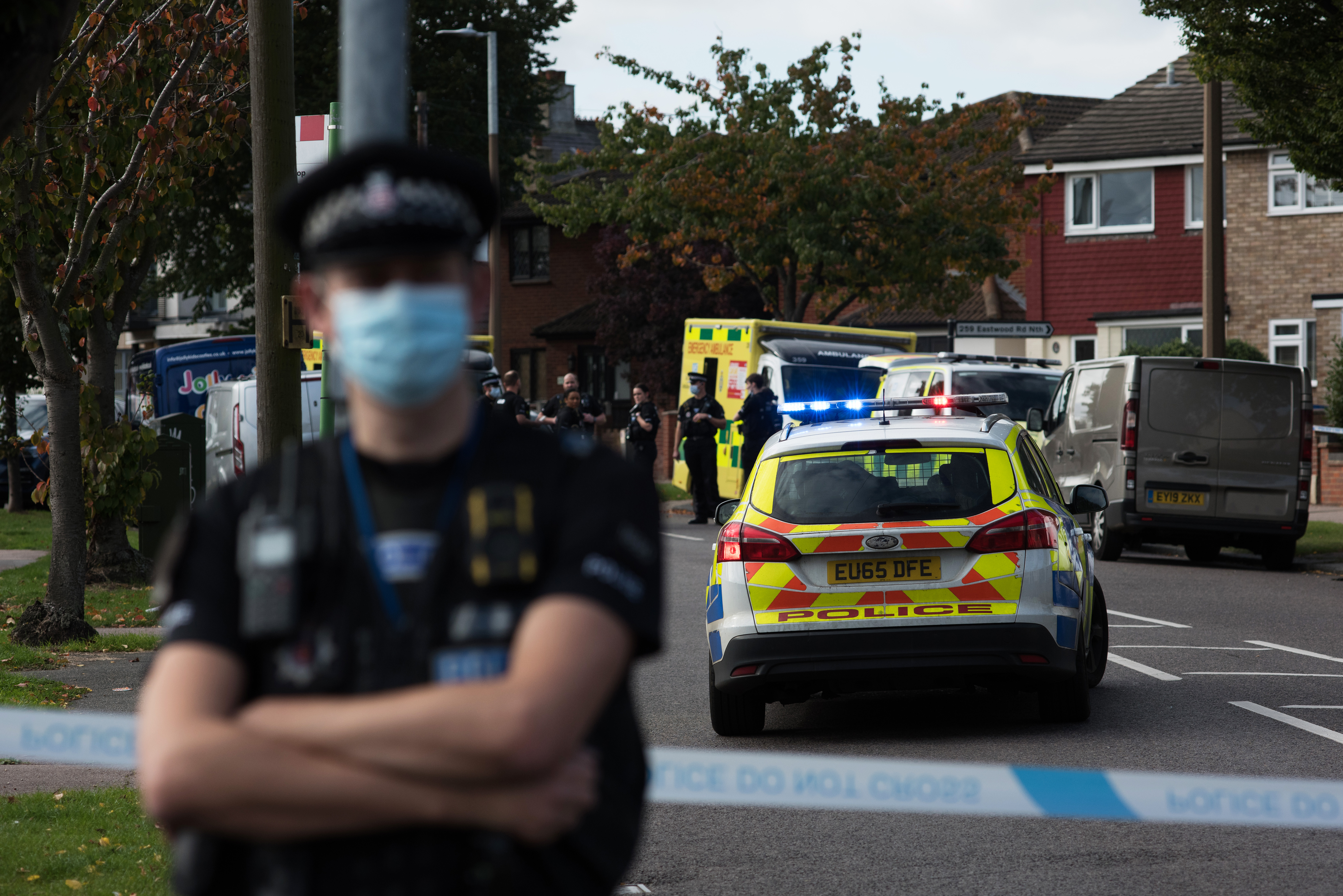 Police and ambulance staff at the scene where David Amess was stabbed. Photo: John Keeble/Getty Images