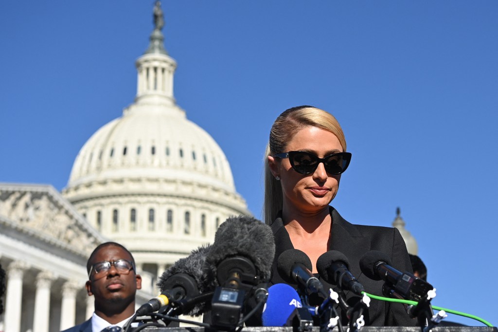 Paris Hilton speaks as she joins congressional lawmakers during a press conference on upcoming legislation to establish a bill of rights to protect children placed in congregate care facilities, at the US Capitol in Washington, DC, on October, 20, 2021​.