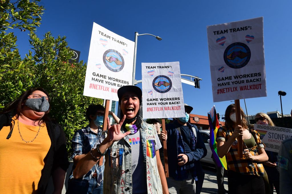 People rally in support of the Netflix transgender employee walkout in Los Angeles, California on October 20, 2021.