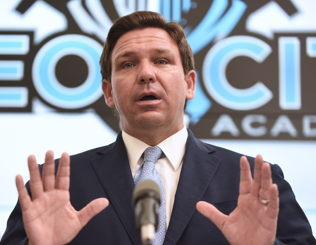 Florida Gov. Ron DeSantis speaks during a press conference before newly appointed state Surgeon General Dr. Joseph Ladapo at Neo City Academy in Kissimmee, Florida. (Paul Hennessy/SOPA Images/LightRocket via Getty Images)