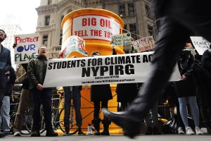 Activists rally outside of State Attorney General Eric Schneiderman's office to support the New York state investigation into whether the oil giant Exxon covered up its knowledge about climate change on February 22, 2017 in New York City. (Spencer Platt/G