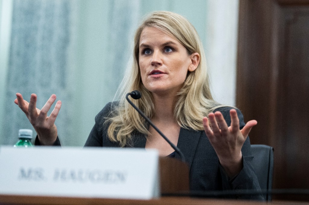 Frances Haugen, a former Facebook employee, testifies during the Senate Commerce, Science and Transportation Subcommittee on Consumer Protection, Product Safety, and Data Security hearing titled Children's Online Safety on Tuesday, October 5, 2021. (Tom W