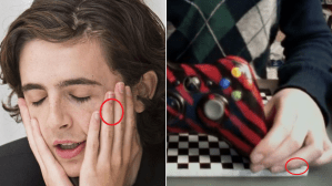 Timothée Chalamet holds his hands on his face. On the right, a young Timothée (?) shows off an xbox mod.